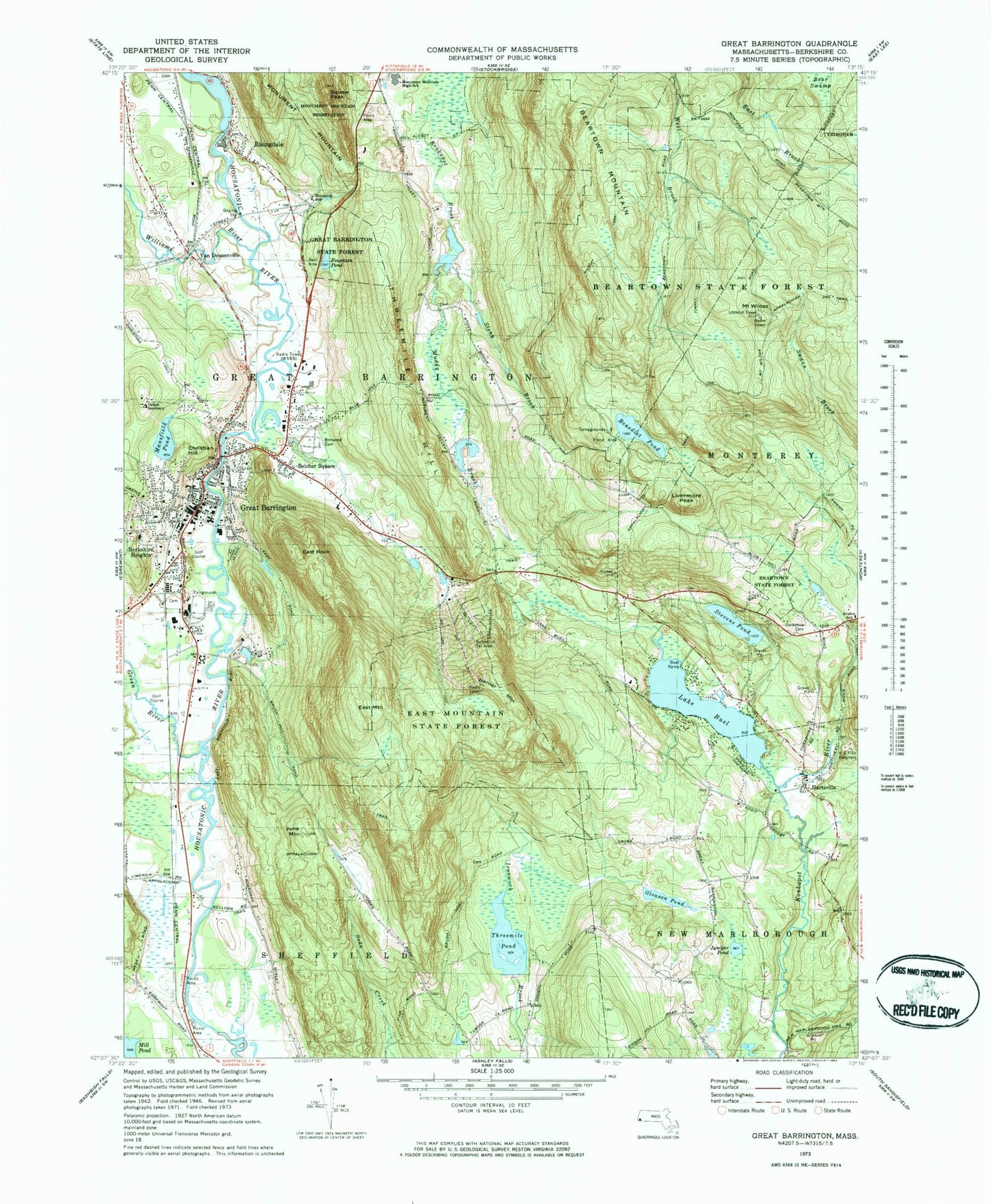 Classic USGS Great Barrington Massachusetts 7.5'x7.5' Topo Map Image