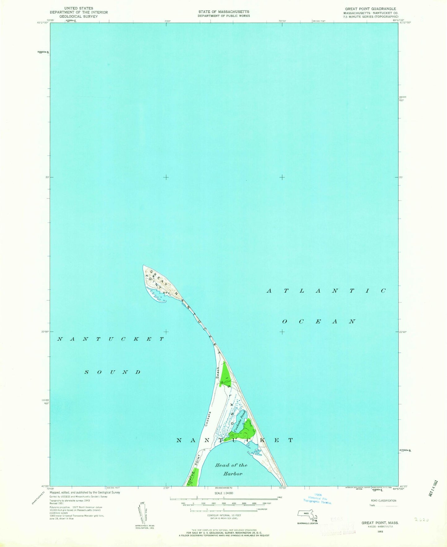 Classic USGS Great Point Massachusetts 7.5'x7.5' Topo Map Image