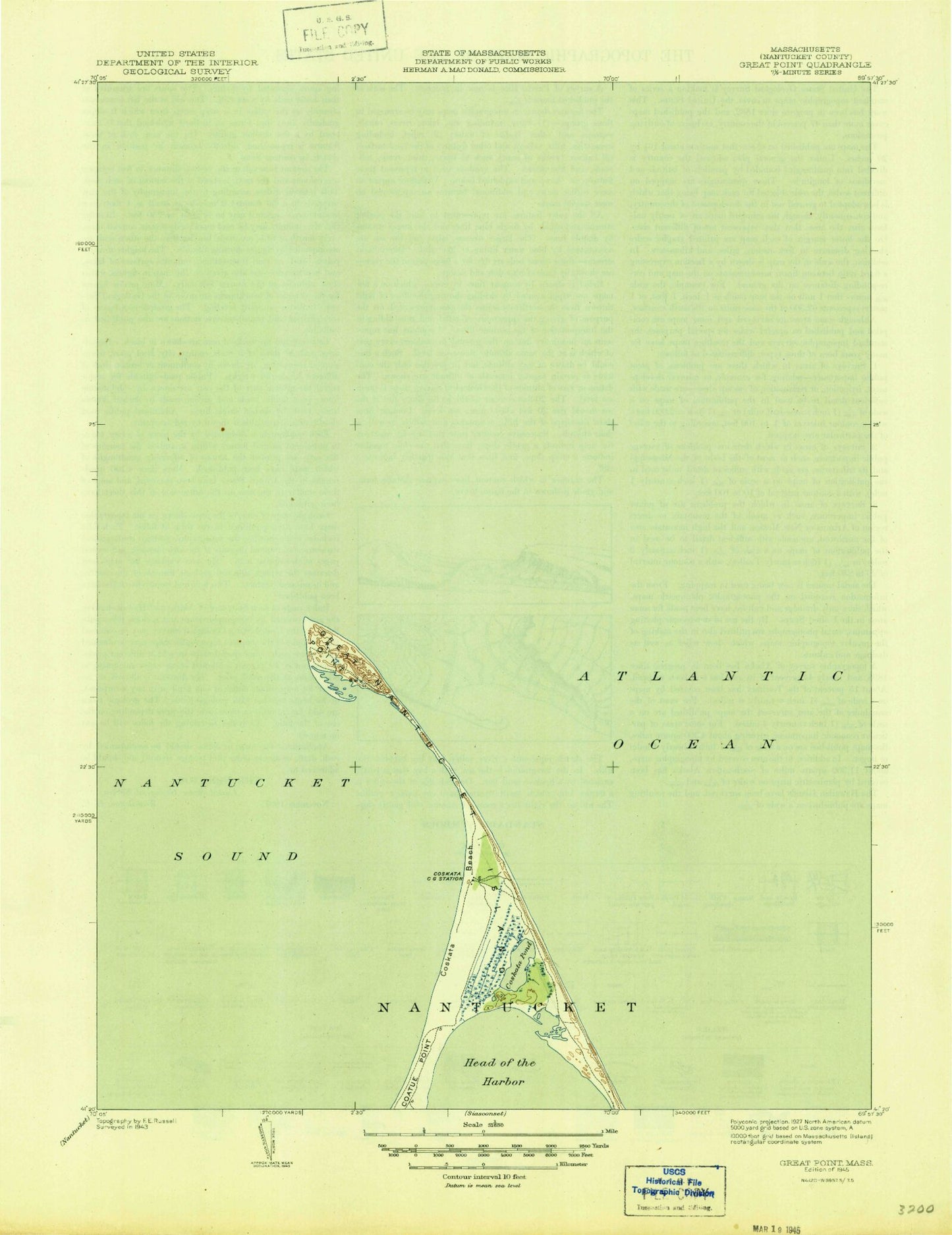 Classic USGS Great Point Massachusetts 7.5'x7.5' Topo Map Image