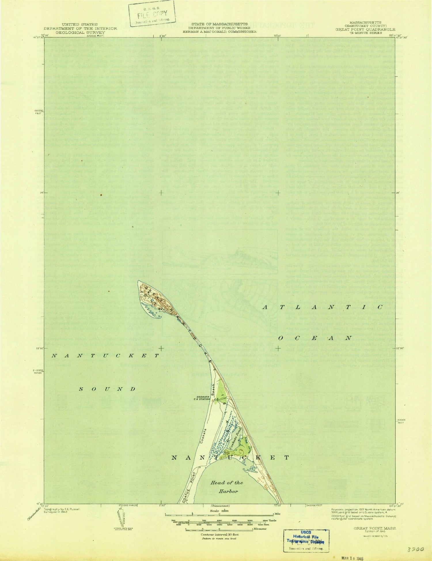 Classic USGS Great Point Massachusetts 7.5'x7.5' Topo Map Image