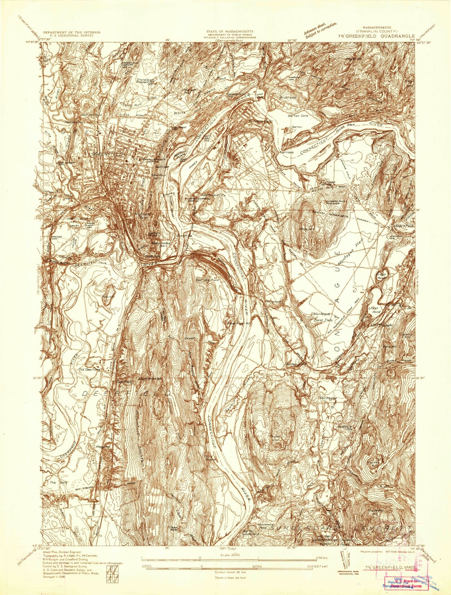 Classic USGS Greenfield Massachusetts 7.5'x7.5' Topo Map Image