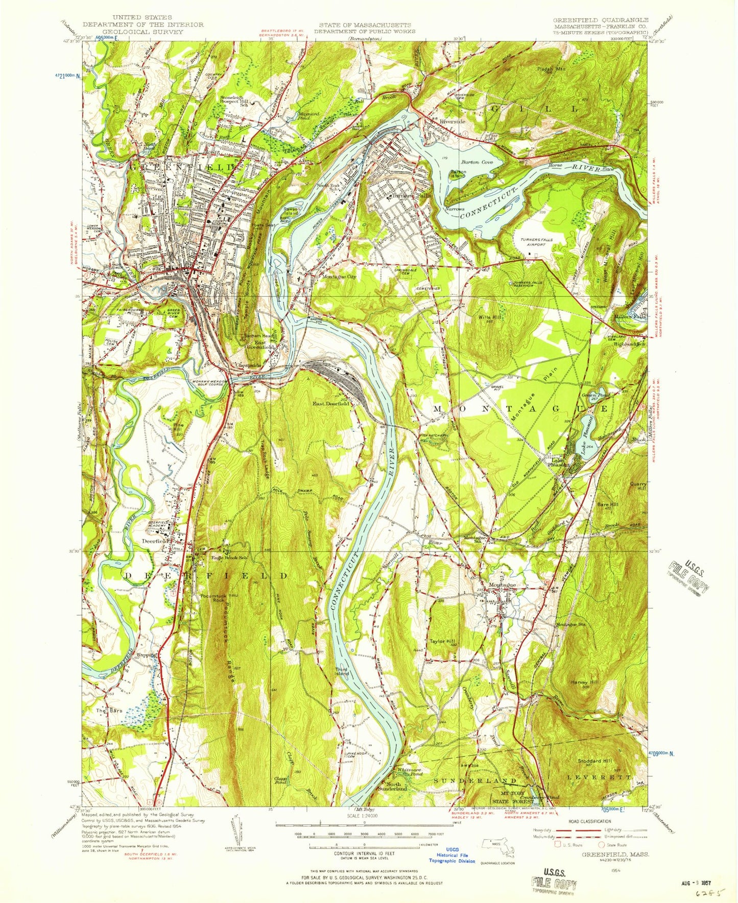 Classic USGS Greenfield Massachusetts 7.5'x7.5' Topo Map Image