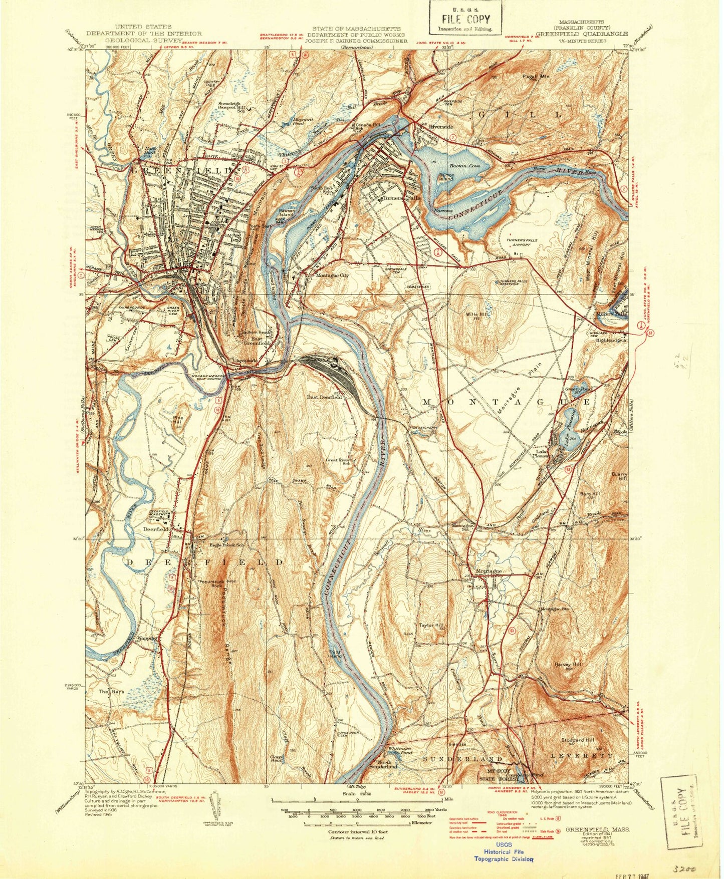 Classic USGS Greenfield Massachusetts 7.5'x7.5' Topo Map Image
