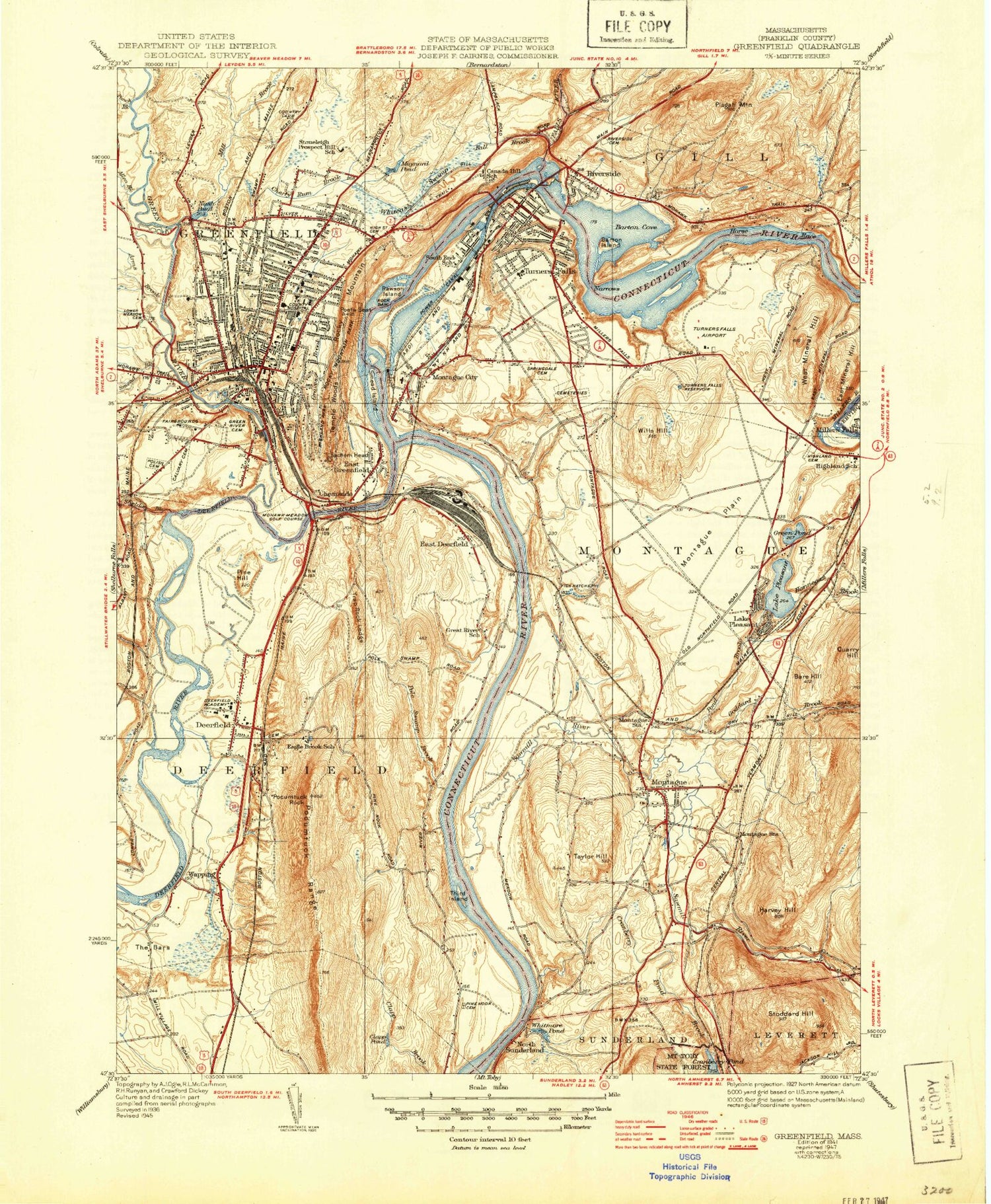 Classic USGS Greenfield Massachusetts 7.5'x7.5' Topo Map Image