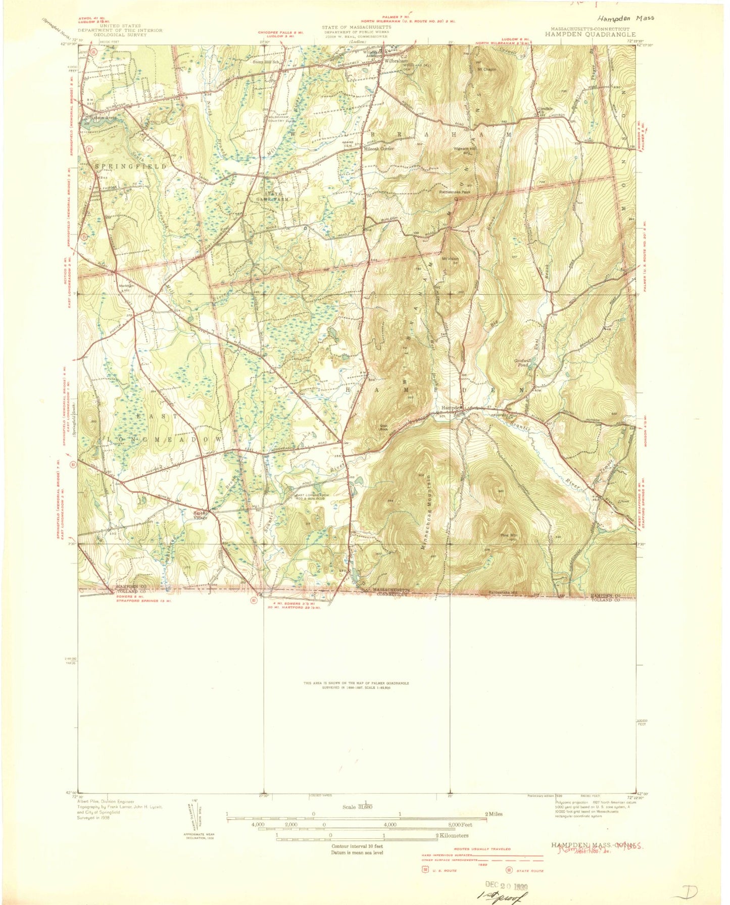 Classic USGS Hampden Massachusetts 7.5'x7.5' Topo Map Image