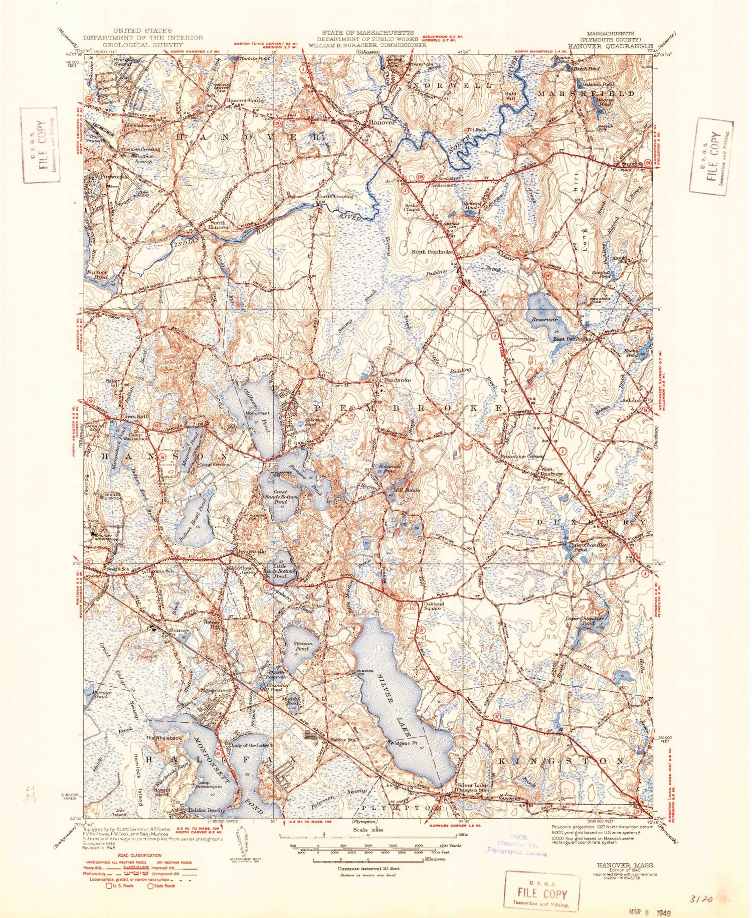 Classic USGS Hanover Massachusetts 7.5'x7.5' Topo Map Image