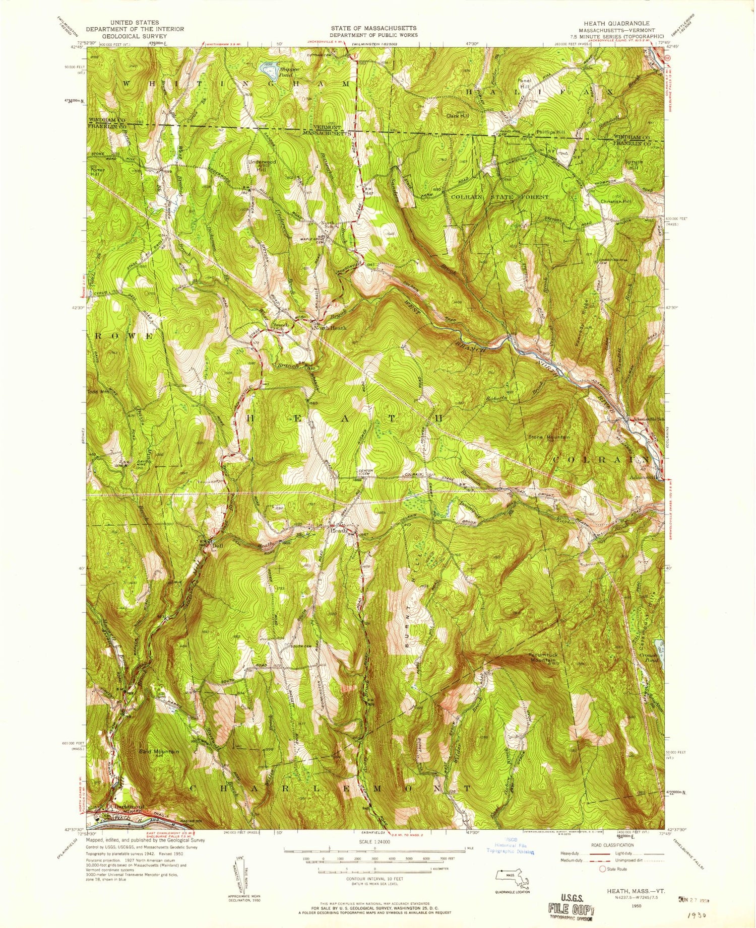 Classic USGS Heath Massachusetts 7.5'x7.5' Topo Map Image