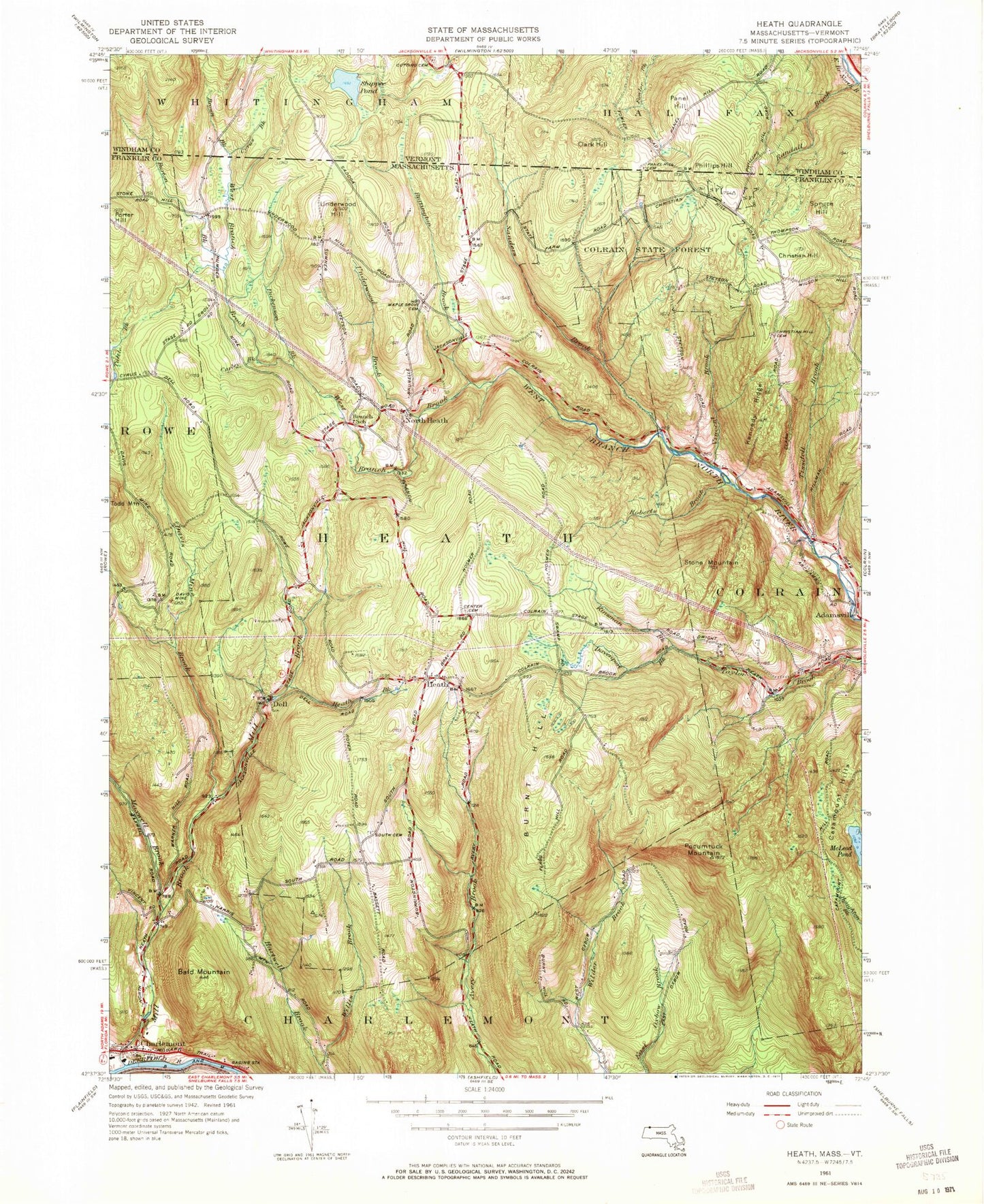 Classic USGS Heath Massachusetts 7.5'x7.5' Topo Map Image