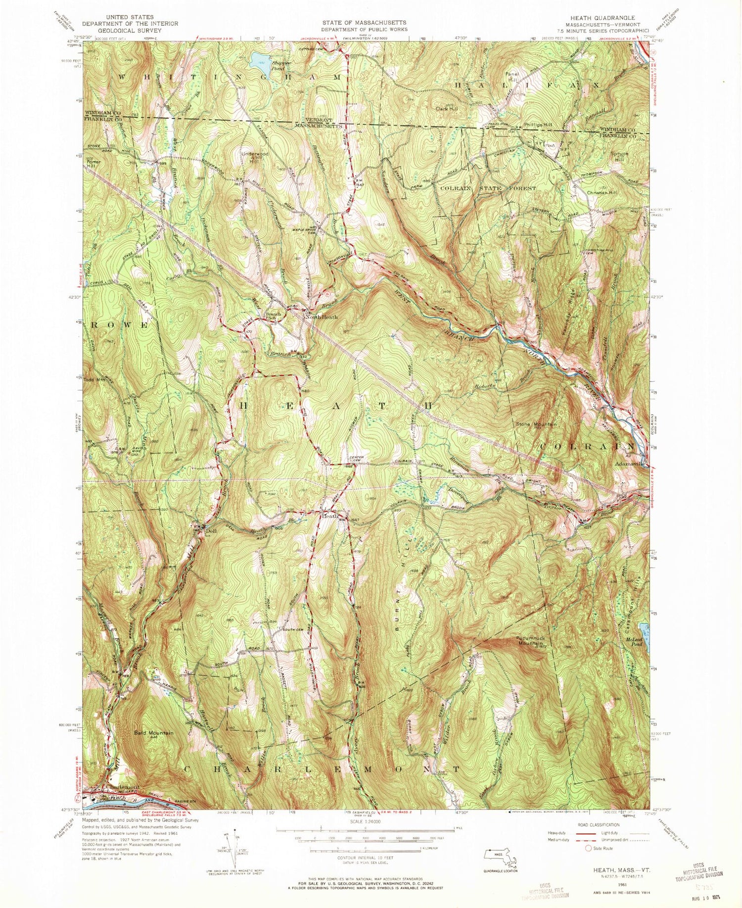 Classic USGS Heath Massachusetts 7.5'x7.5' Topo Map Image