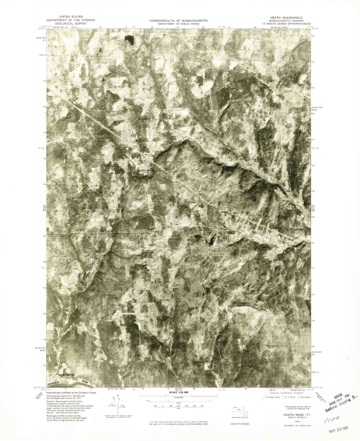 Classic USGS Heath Massachusetts 7.5'x7.5' Topo Map Image