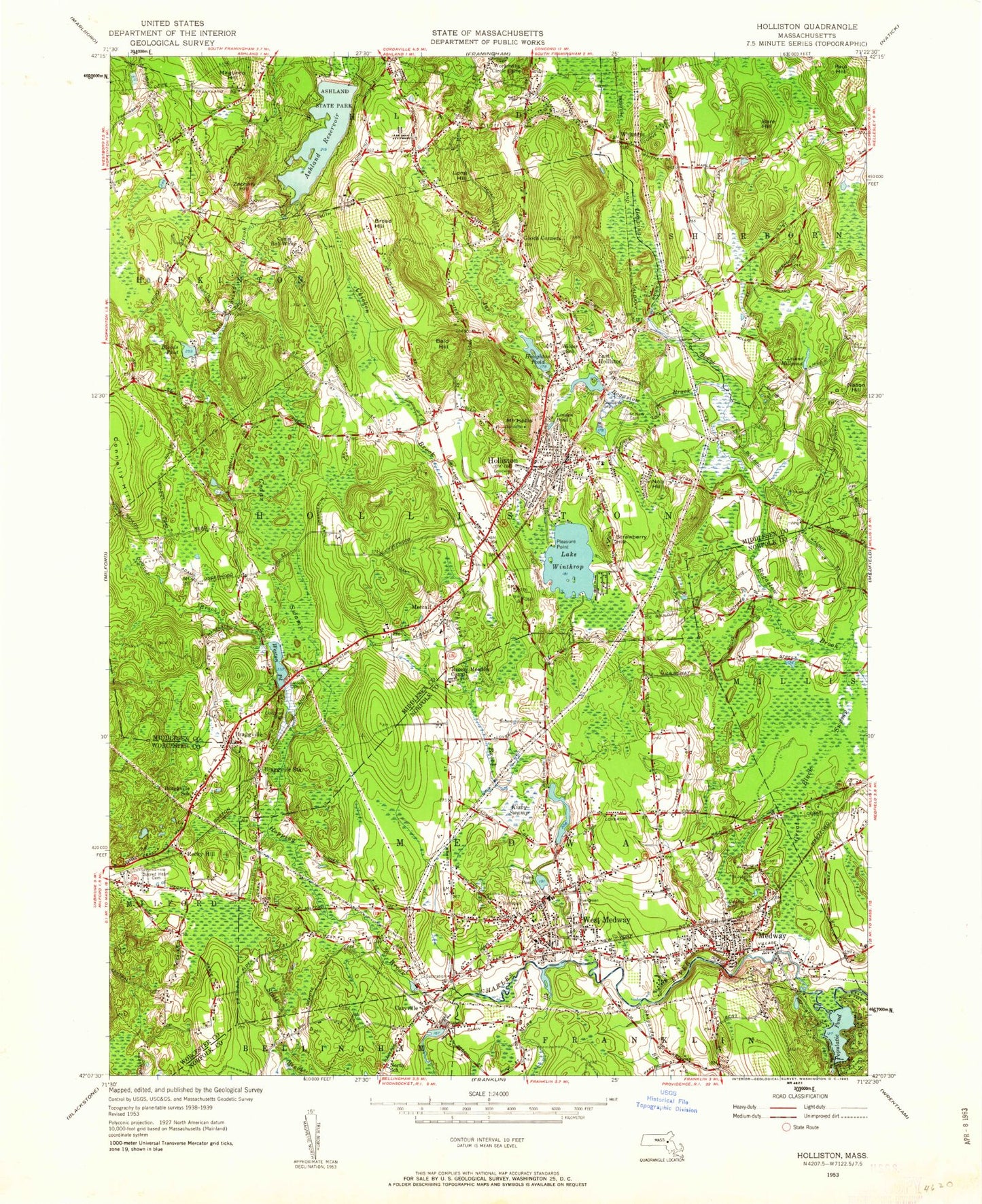 Classic USGS Holliston Massachusetts 7.5'x7.5' Topo Map Image