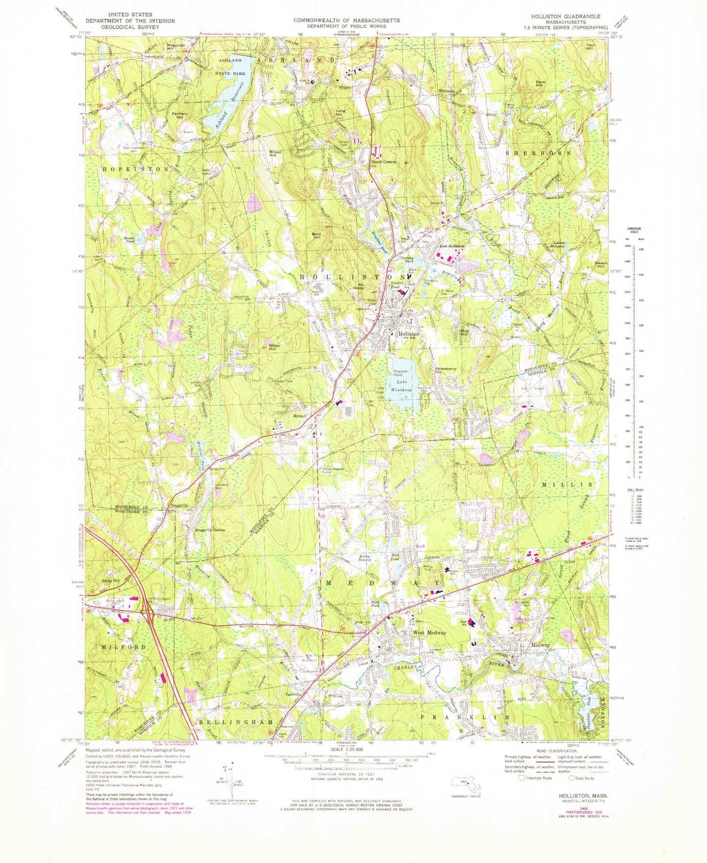 Classic USGS Holliston Massachusetts 7.5'x7.5' Topo Map Image
