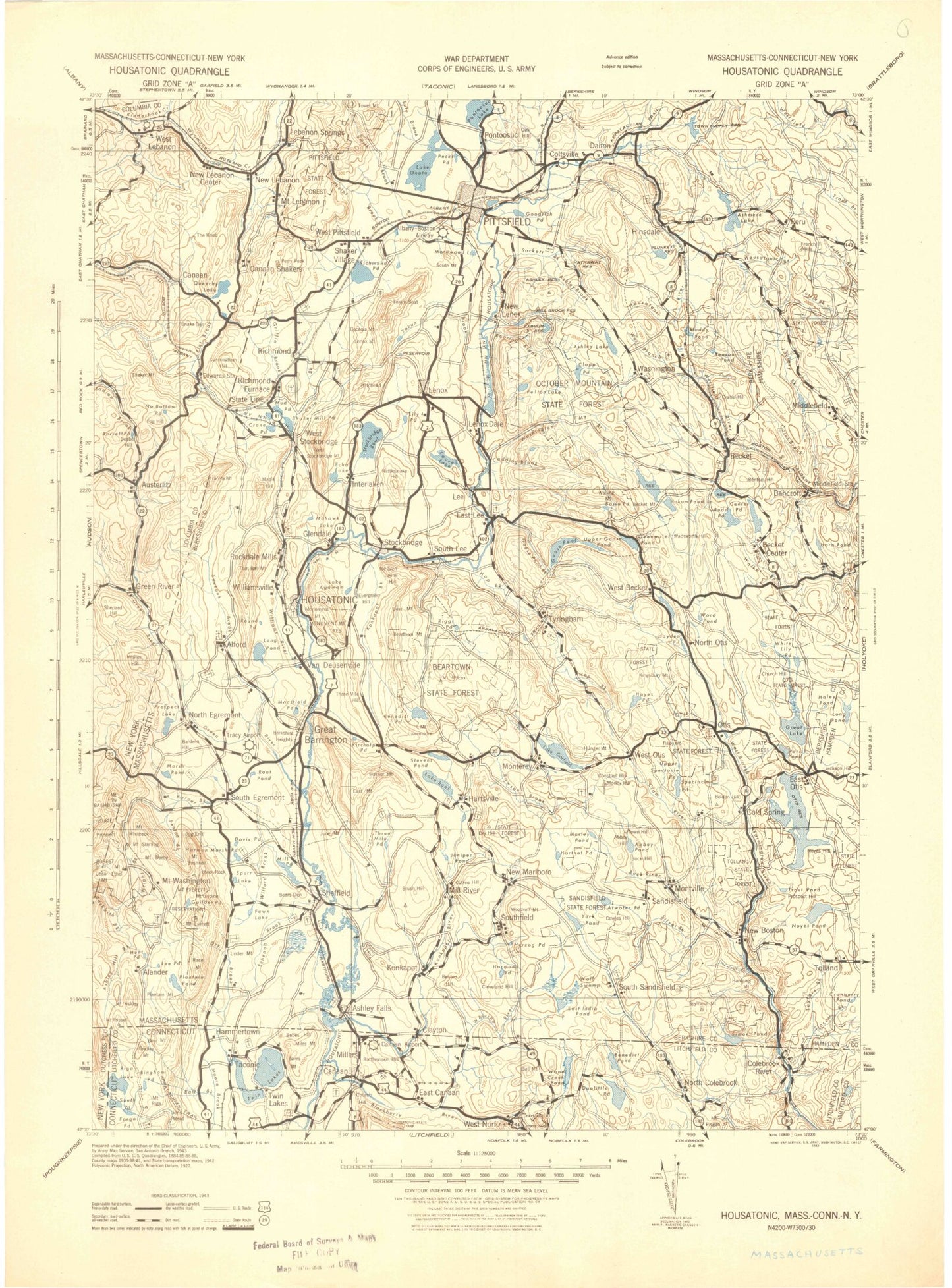 Historic 1943 Housatonic Massachusetts 30'x30' Topo Map Image