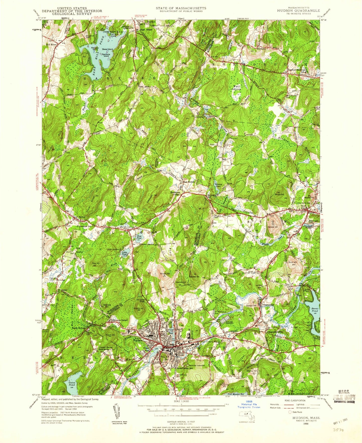 Classic USGS Hudson Massachusetts 7.5'x7.5' Topo Map Image