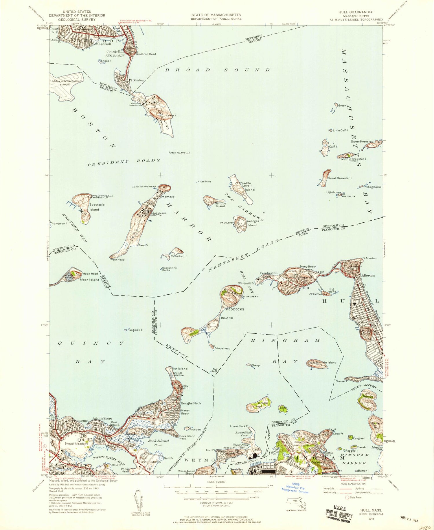 Classic USGS Hull Massachusetts 7.5'x7.5' Topo Map Image