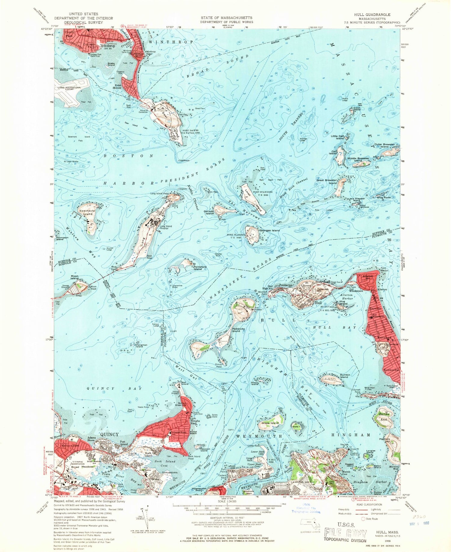 Classic USGS Hull Massachusetts 7.5'x7.5' Topo Map Image