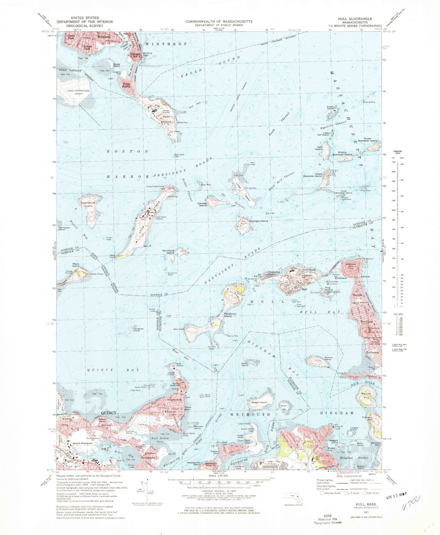 Classic USGS Hull Massachusetts 7.5'x7.5' Topo Map Image