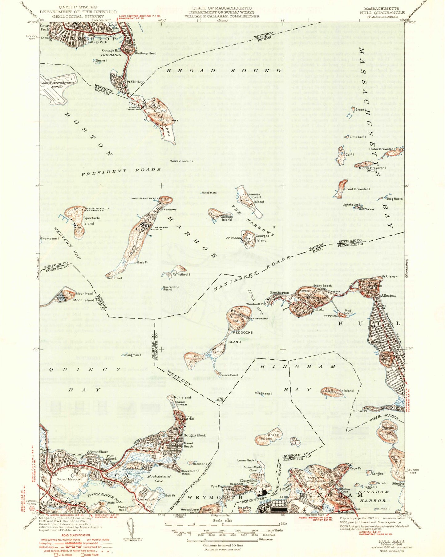 Classic USGS Hull Massachusetts 7.5'x7.5' Topo Map Image