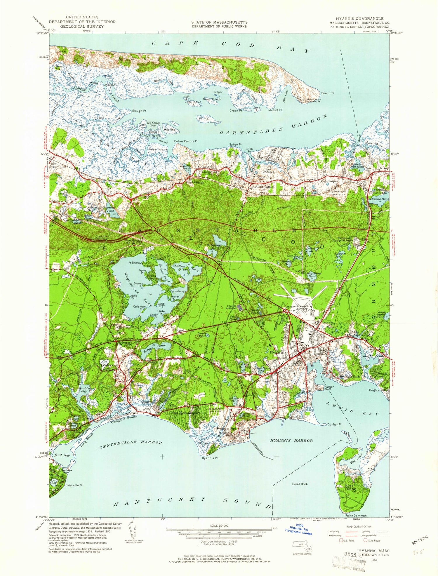 Classic USGS Hyannis Massachusetts 7.5'x7.5' Topo Map Image