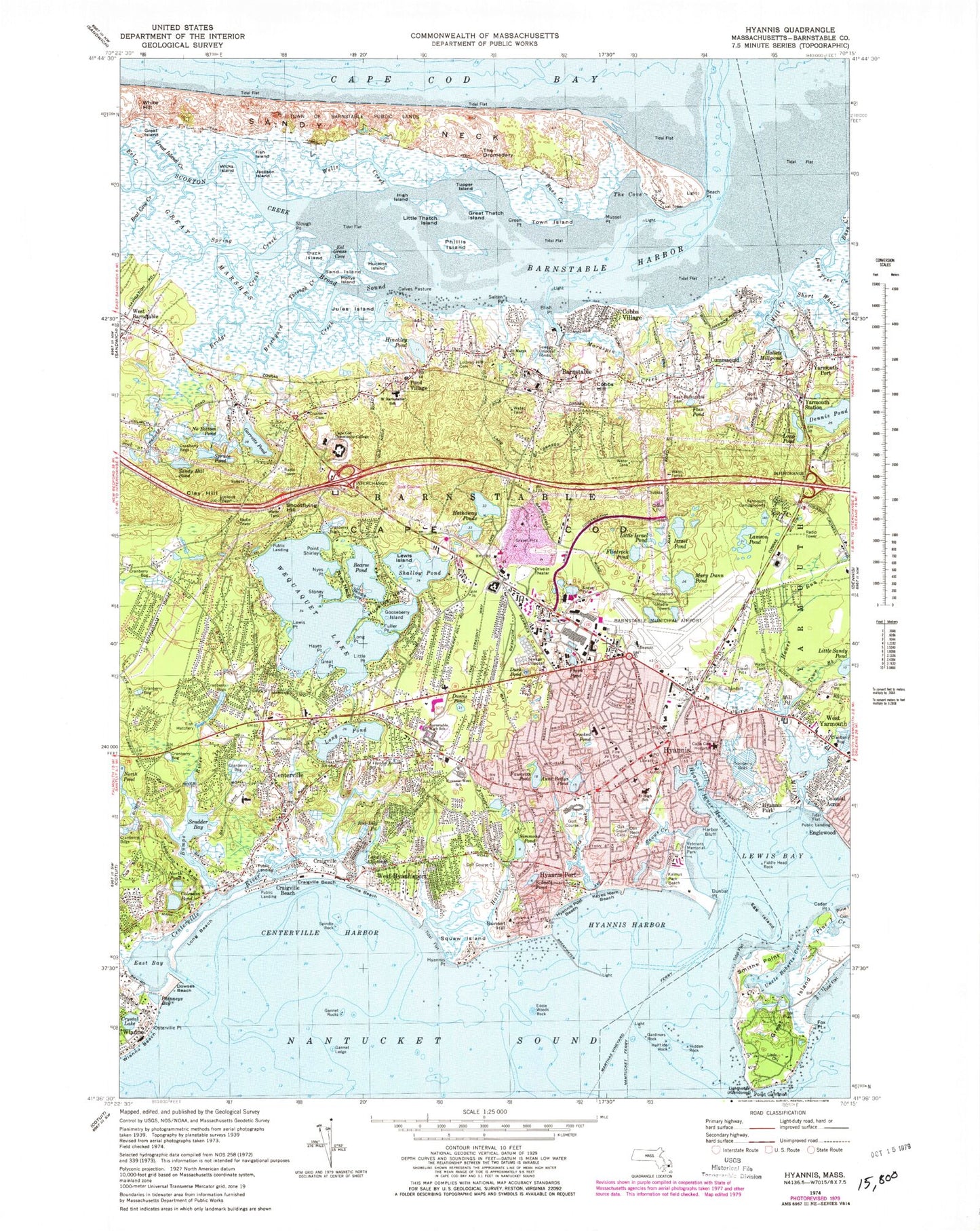 Classic USGS Hyannis Massachusetts 7.5'x7.5' Topo Map Image