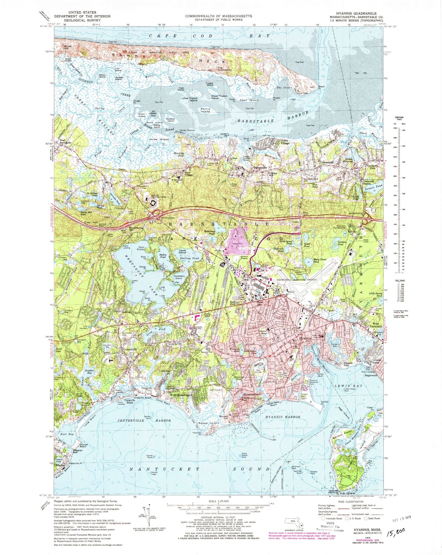 Classic USGS Hyannis Massachusetts 7.5'x7.5' Topo Map Image