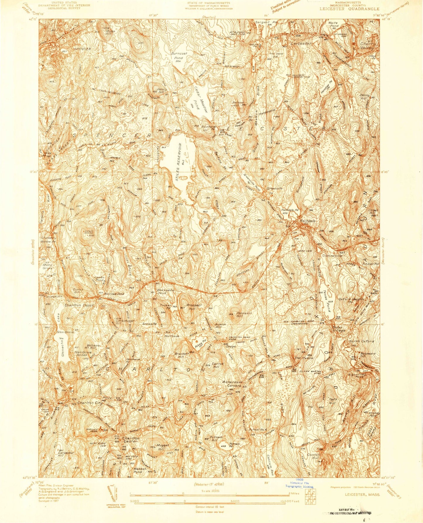 Classic USGS Leicester Massachusetts 7.5'x7.5' Topo Map Image
