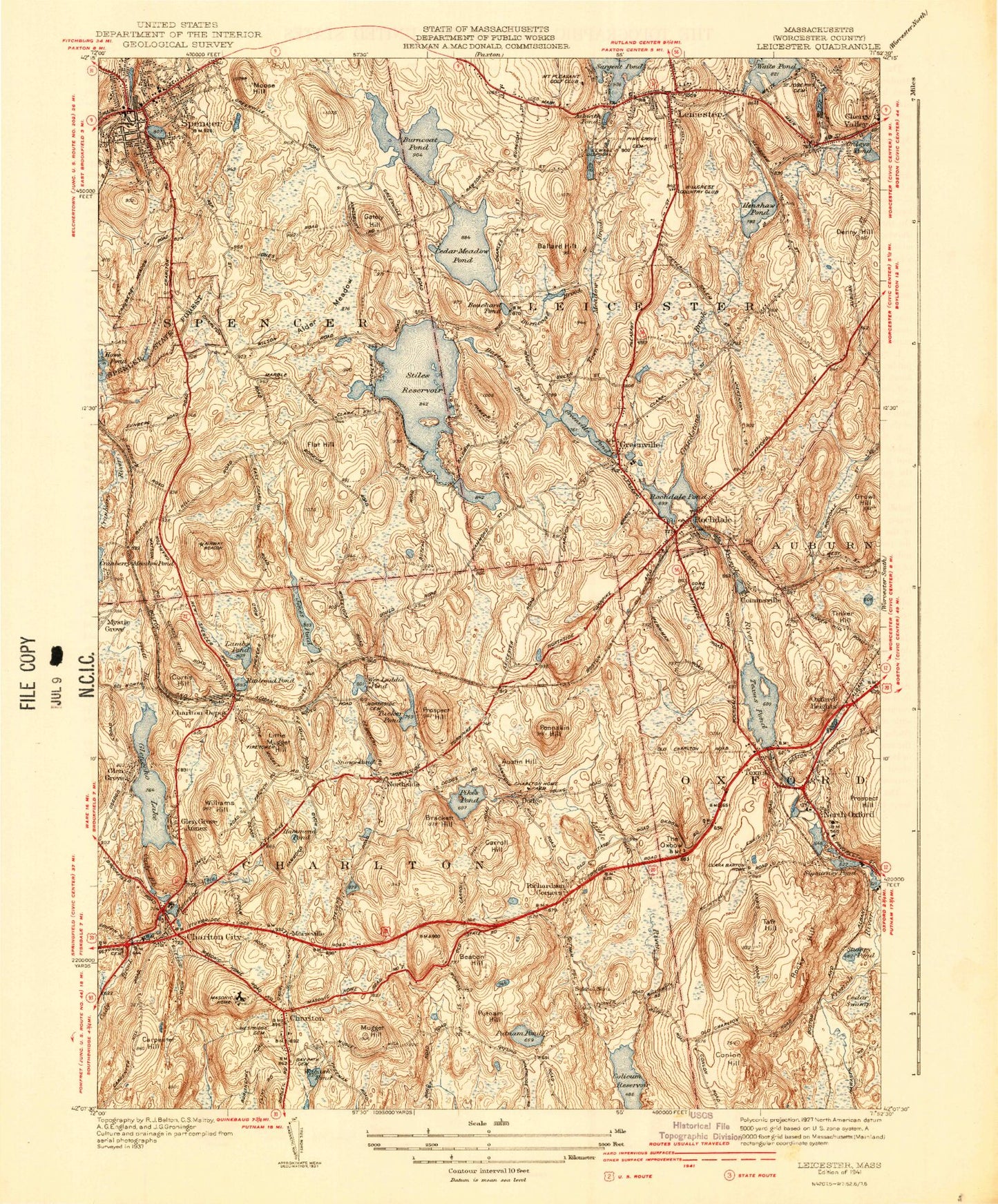 Classic USGS Leicester Massachusetts 7.5'x7.5' Topo Map Image