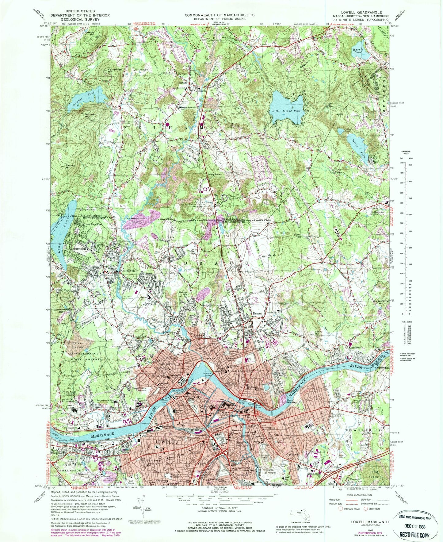 Classic USGS Lowell Massachusetts 7.5'x7.5' Topo Map Image