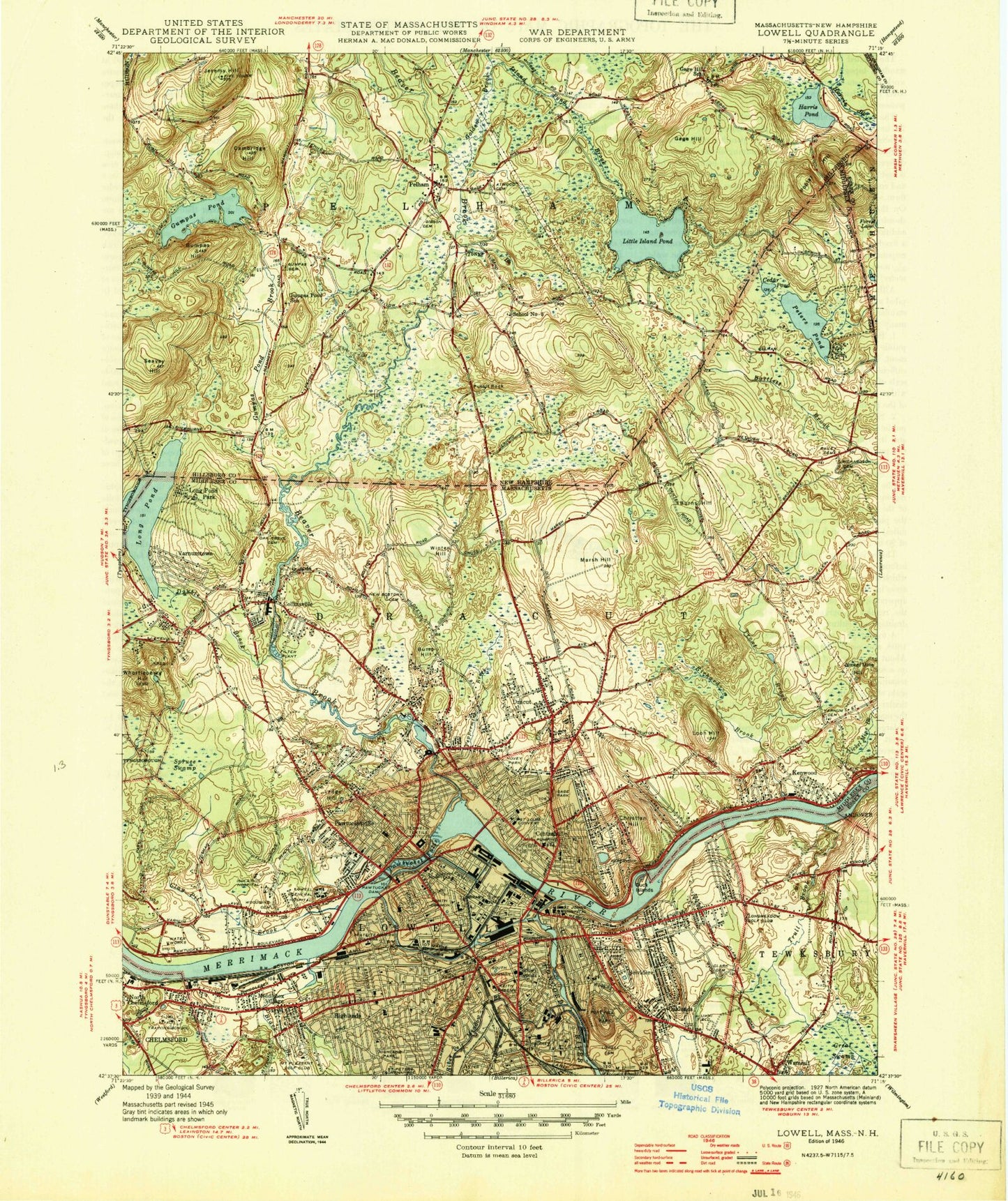 Classic USGS Lowell Massachusetts 7.5'x7.5' Topo Map Image