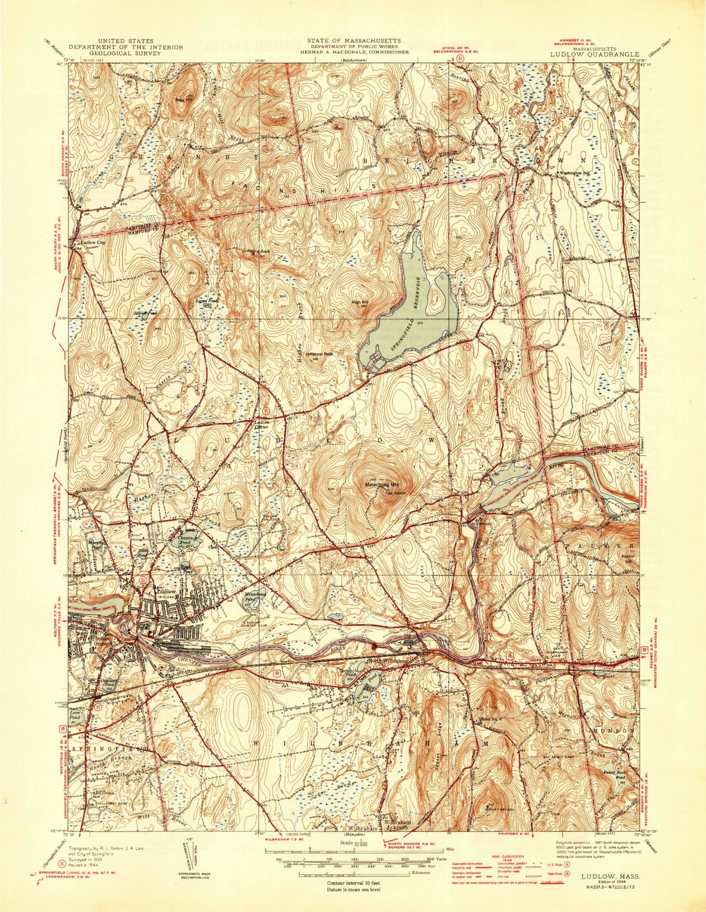 Classic USGS Ludlow Massachusetts 7.5'x7.5' Topo Map Image