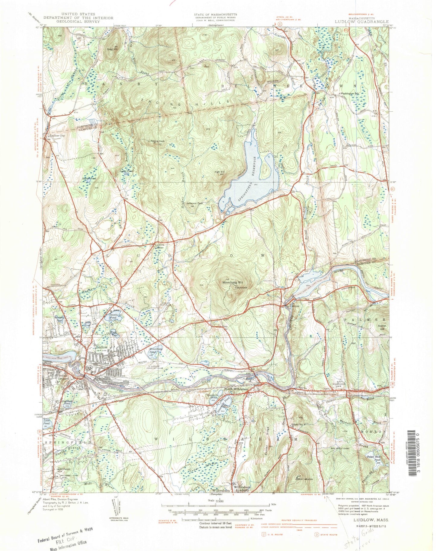 Classic USGS Ludlow Massachusetts 7.5'x7.5' Topo Map Image