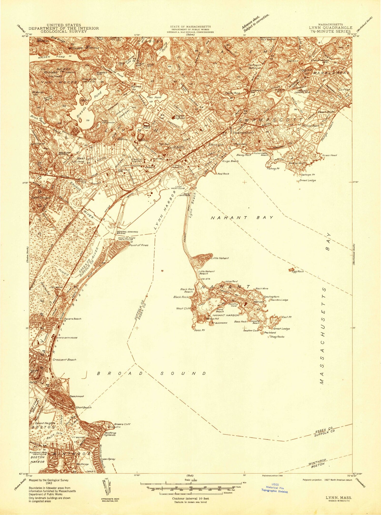 Classic USGS Lynn Massachusetts 7.5'x7.5' Topo Map Image