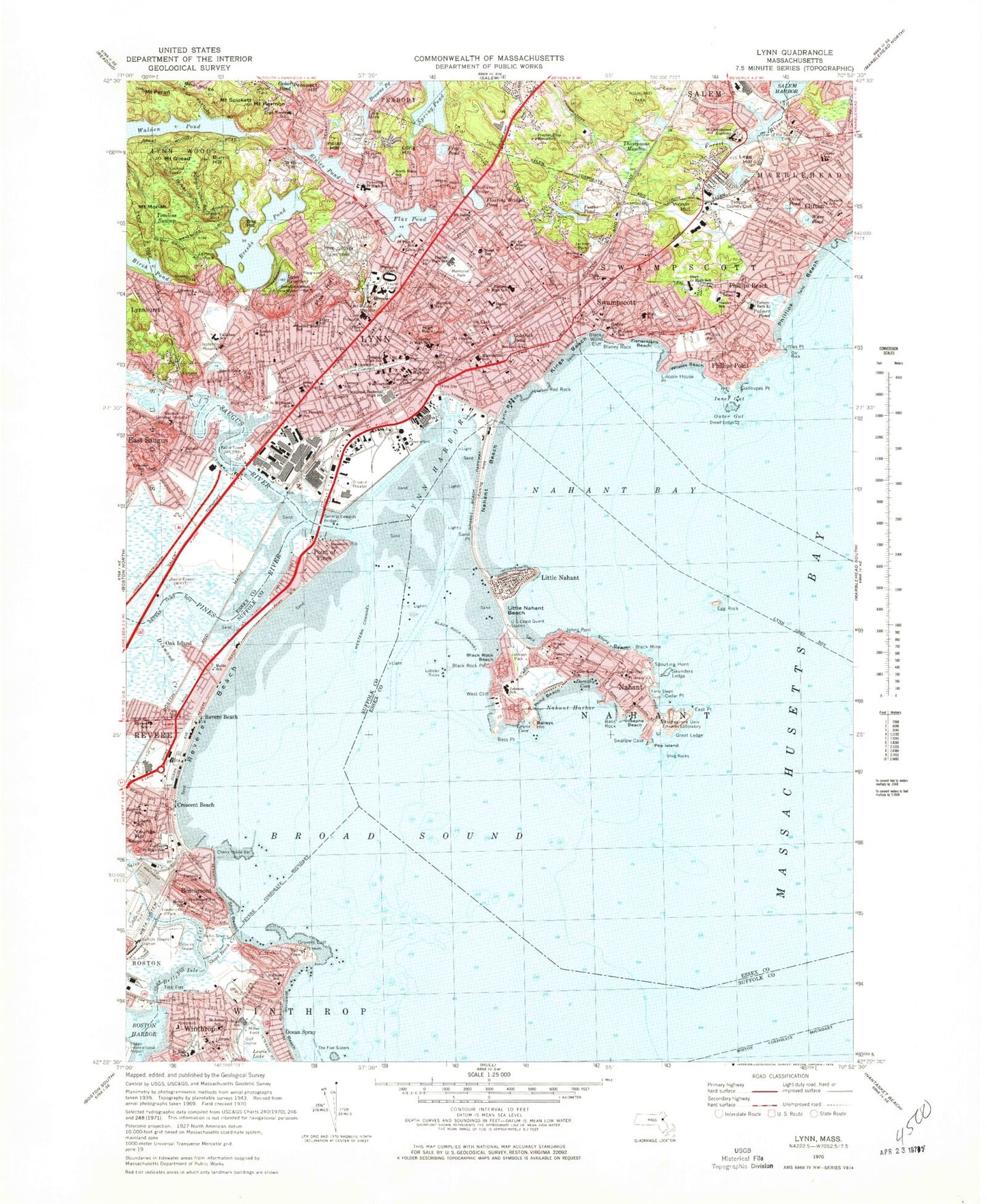 Classic USGS Lynn Massachusetts 7.5'x7.5' Topo Map Image