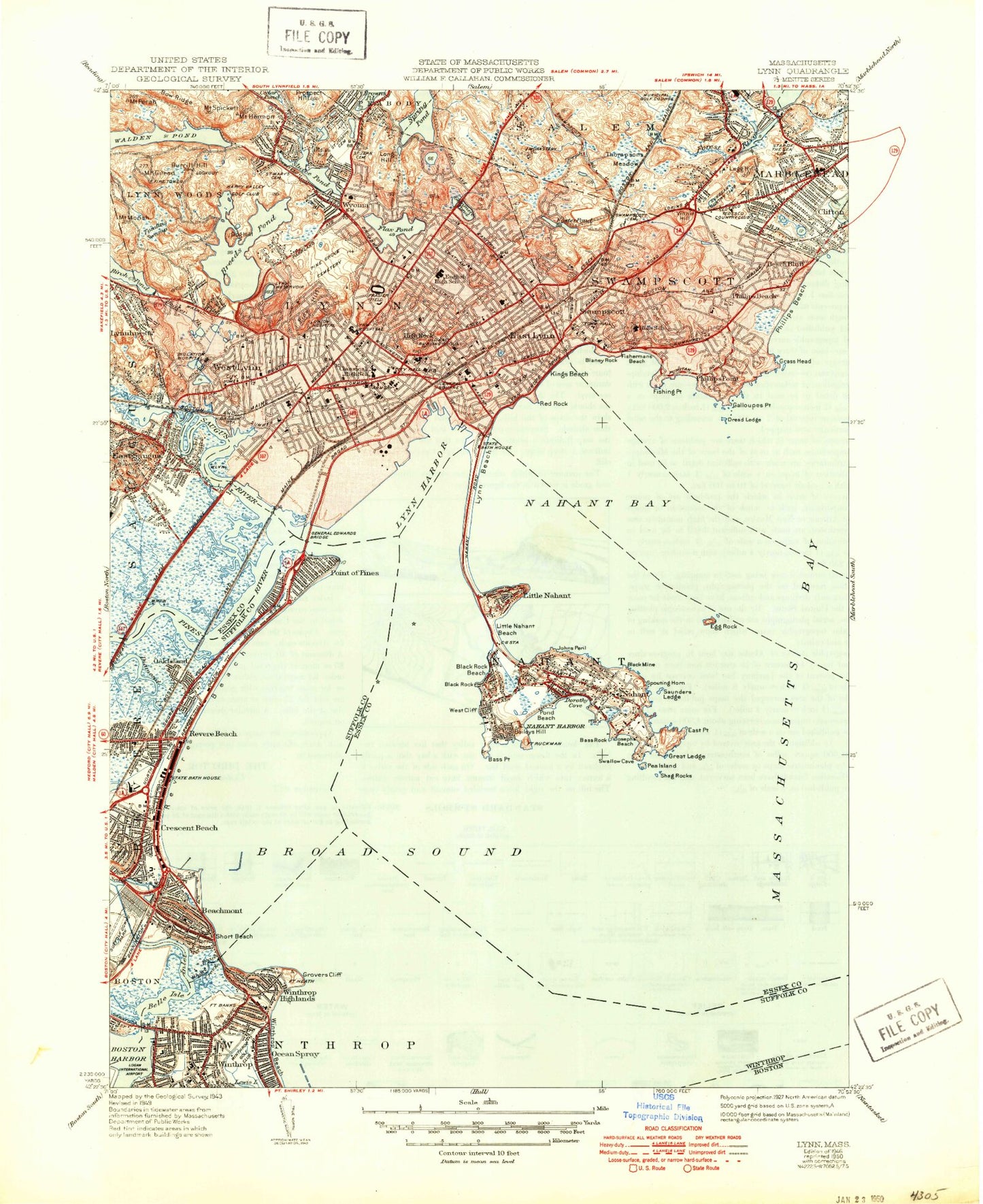 Classic USGS Lynn Massachusetts 7.5'x7.5' Topo Map Image