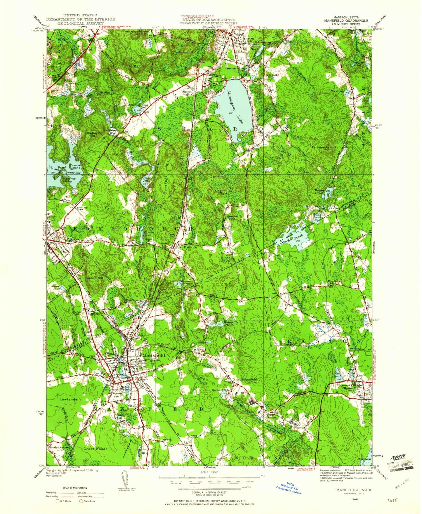 Classic USGS Mansfield Massachusetts 7.5'x7.5' Topo Map Image