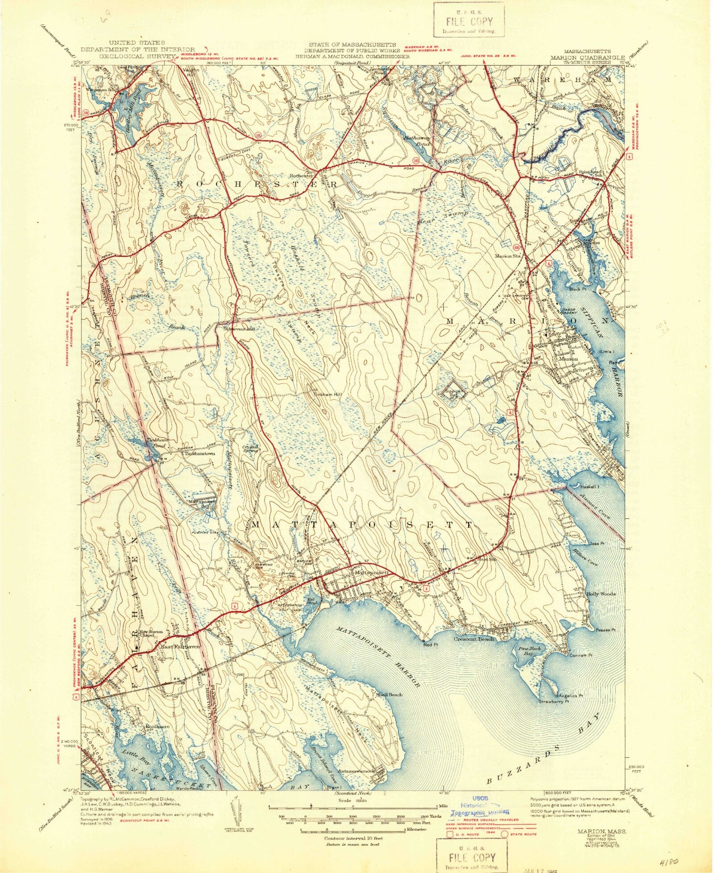 Classic USGS Marion Massachusetts 7.5'x7.5' Topo Map Image