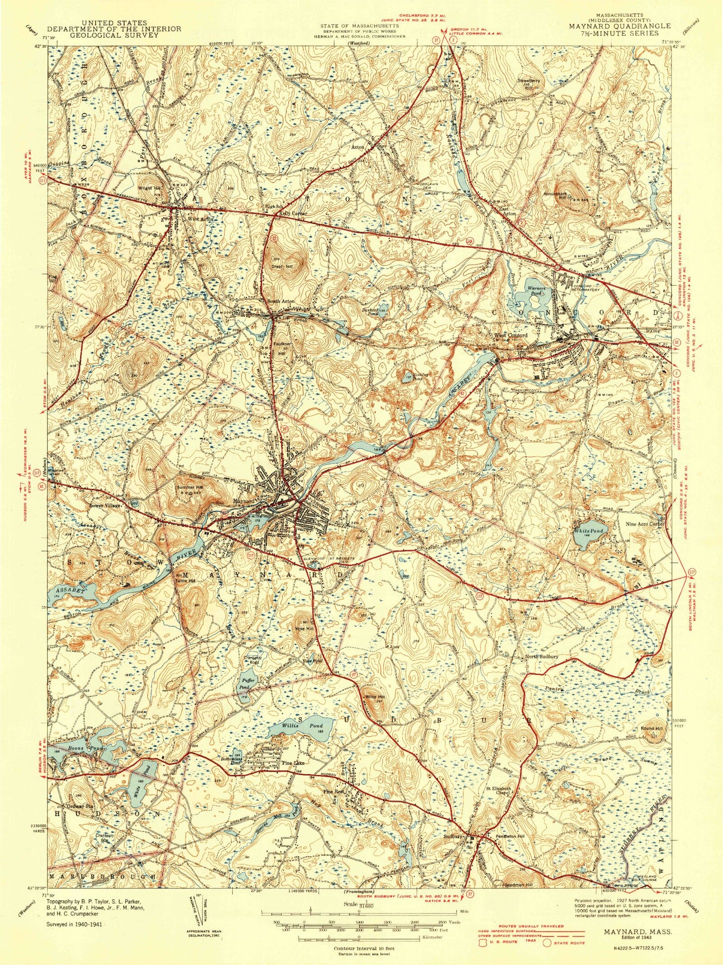 Classic USGS Maynard Massachusetts 7.5'x7.5' Topo Map Image