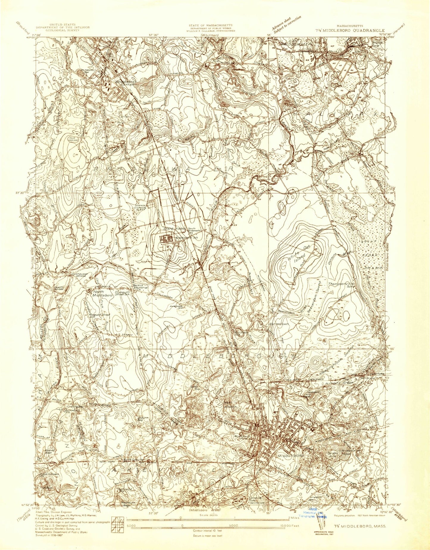Classic USGS Bridgewater Massachusetts 7.5'x7.5' Topo Map Image