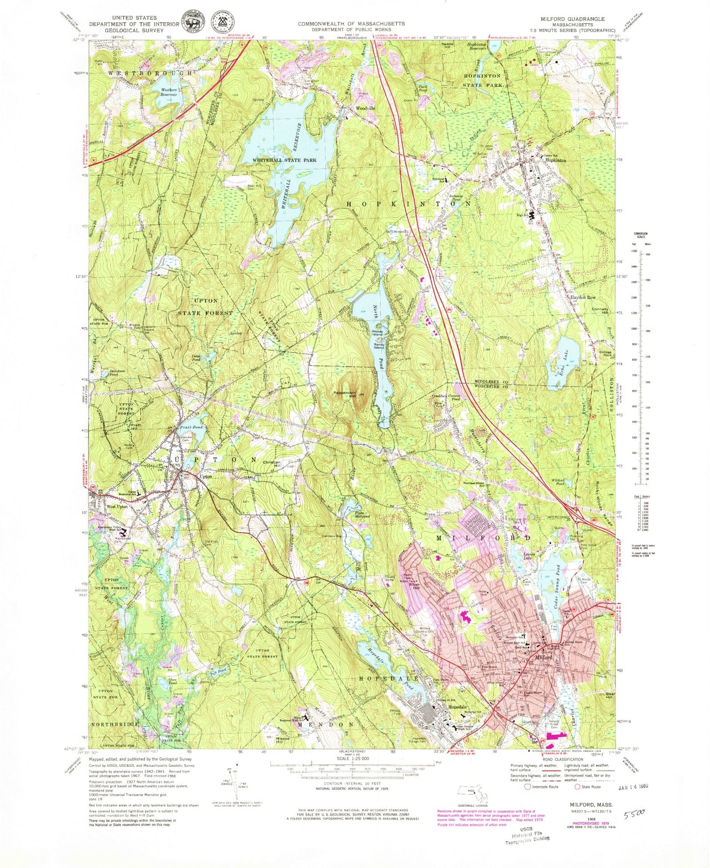 Classic USGS Milford Massachusetts 7.5'x7.5' Topo Map Image