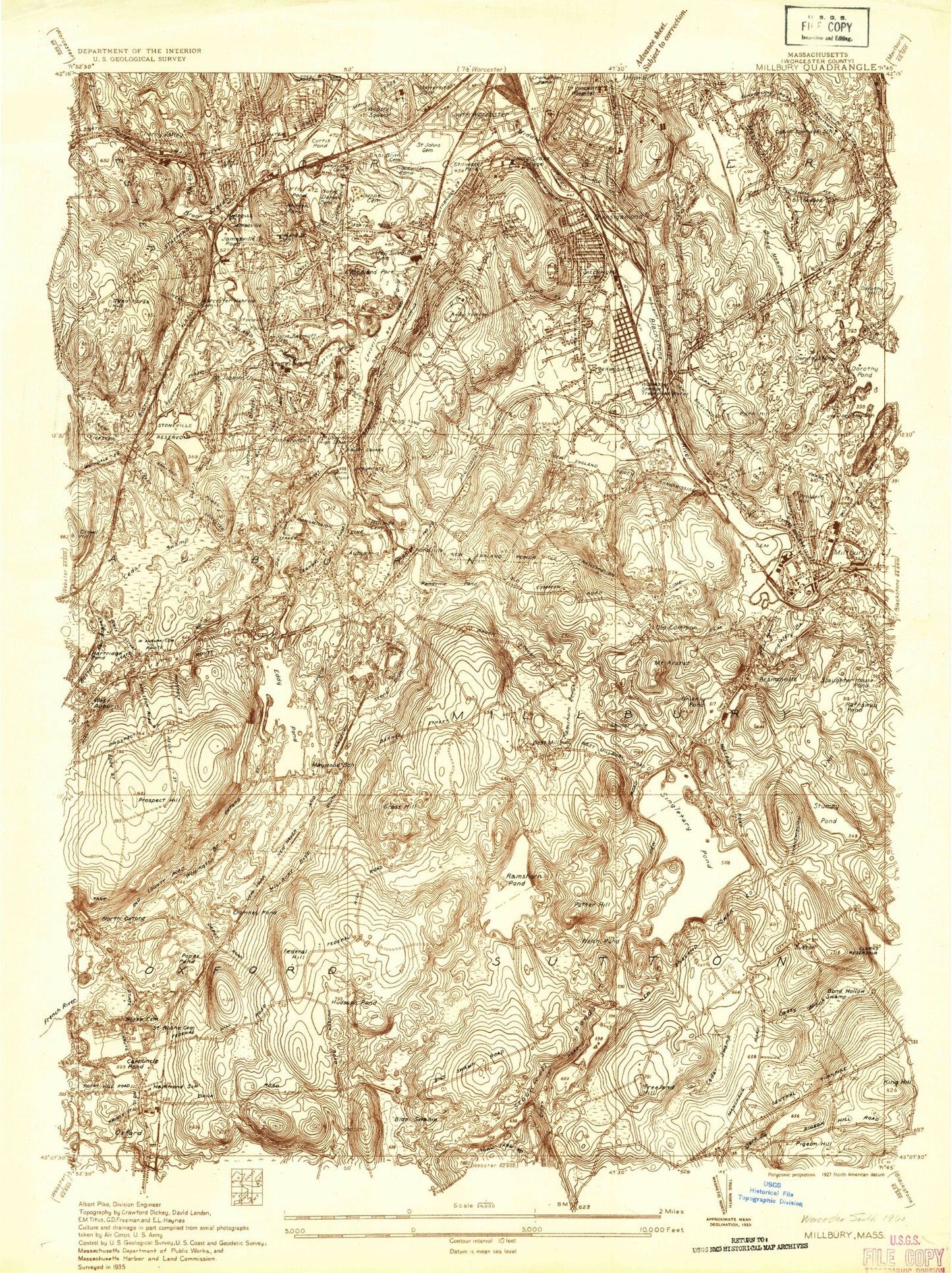 Classic USGS Worcester South Massachusetts 7.5'x7.5' Topo Map Image