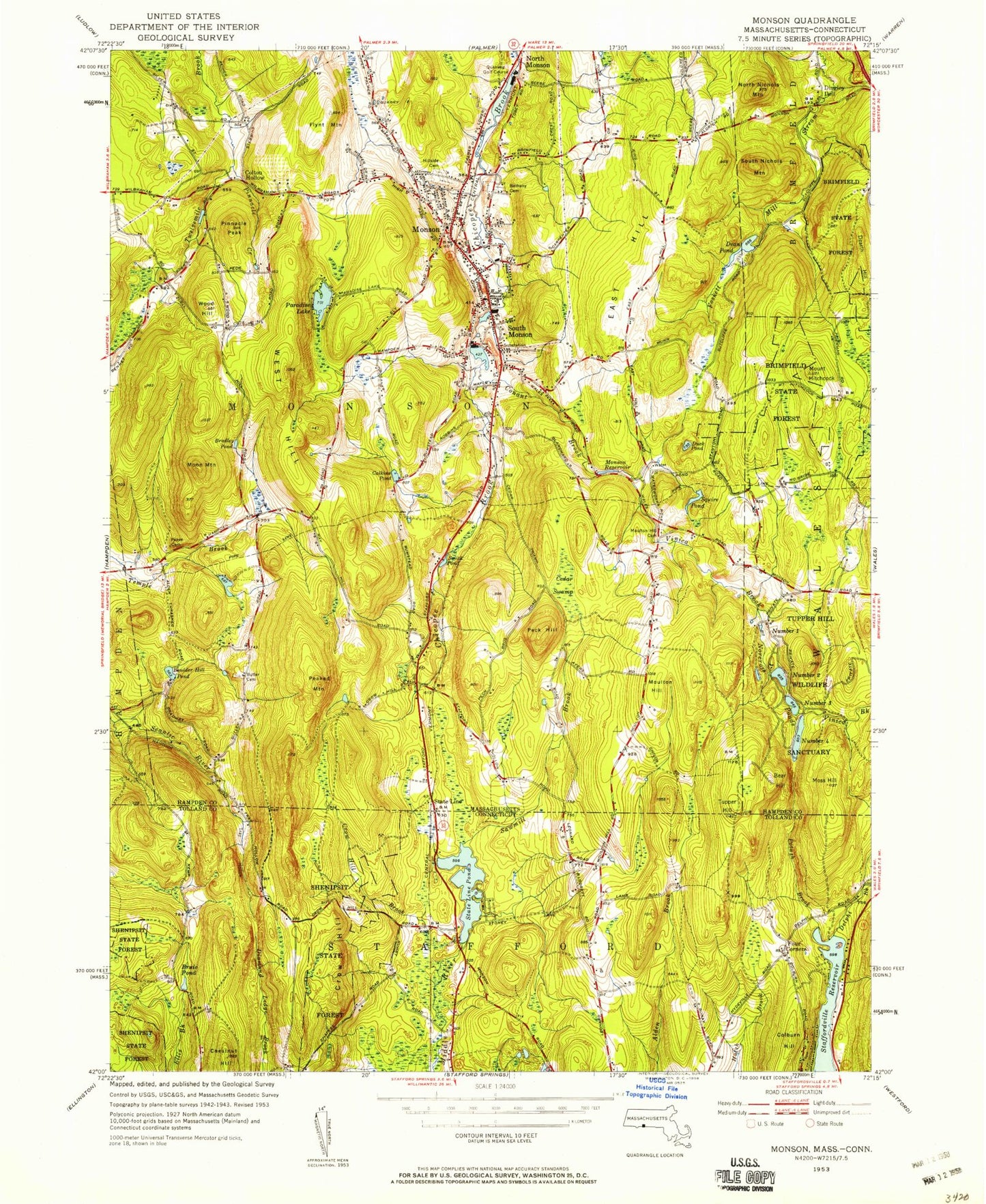 Classic USGS Monson Massachusetts 7.5'x7.5' Topo Map Image