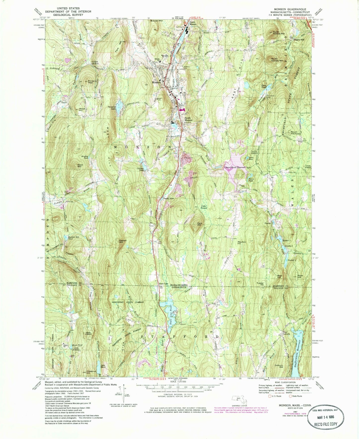 Classic USGS Monson Massachusetts 7.5'x7.5' Topo Map Image