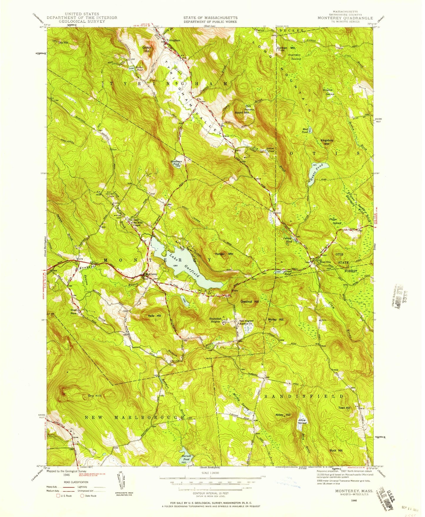 Classic USGS Monterey Massachusetts 7.5'x7.5' Topo Map Image