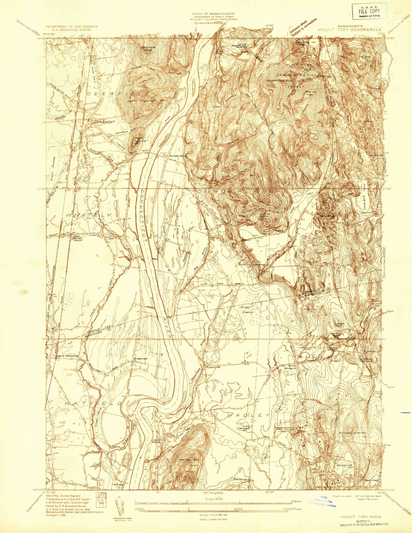 Classic USGS Mount Toby Massachusetts 7.5'x7.5' Topo Map Image