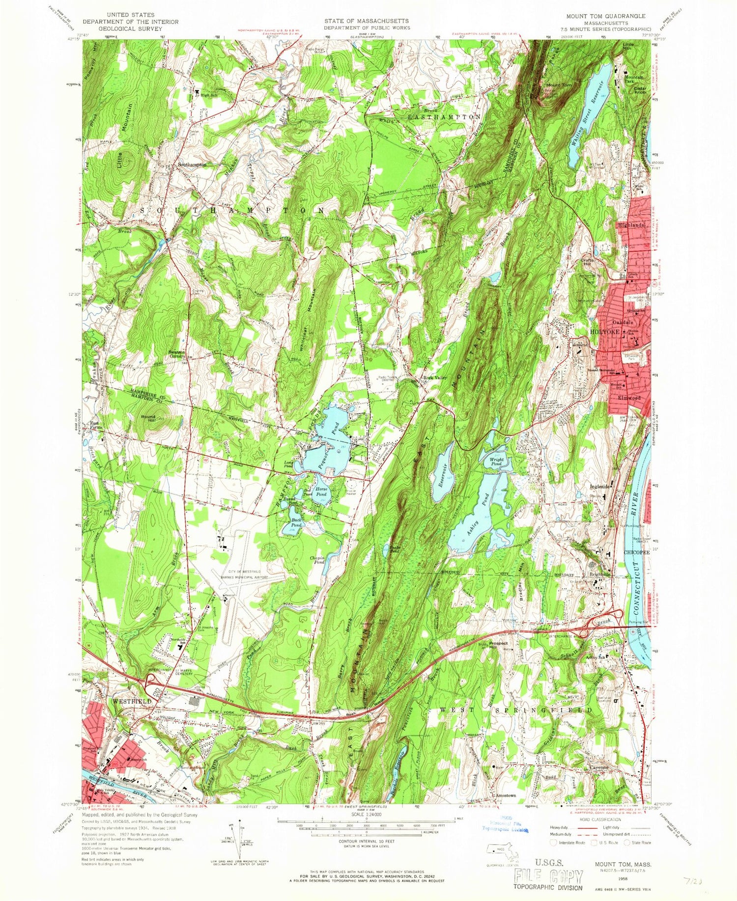 Classic USGS Mount Tom Massachusetts 7.5'x7.5' Topo Map Image