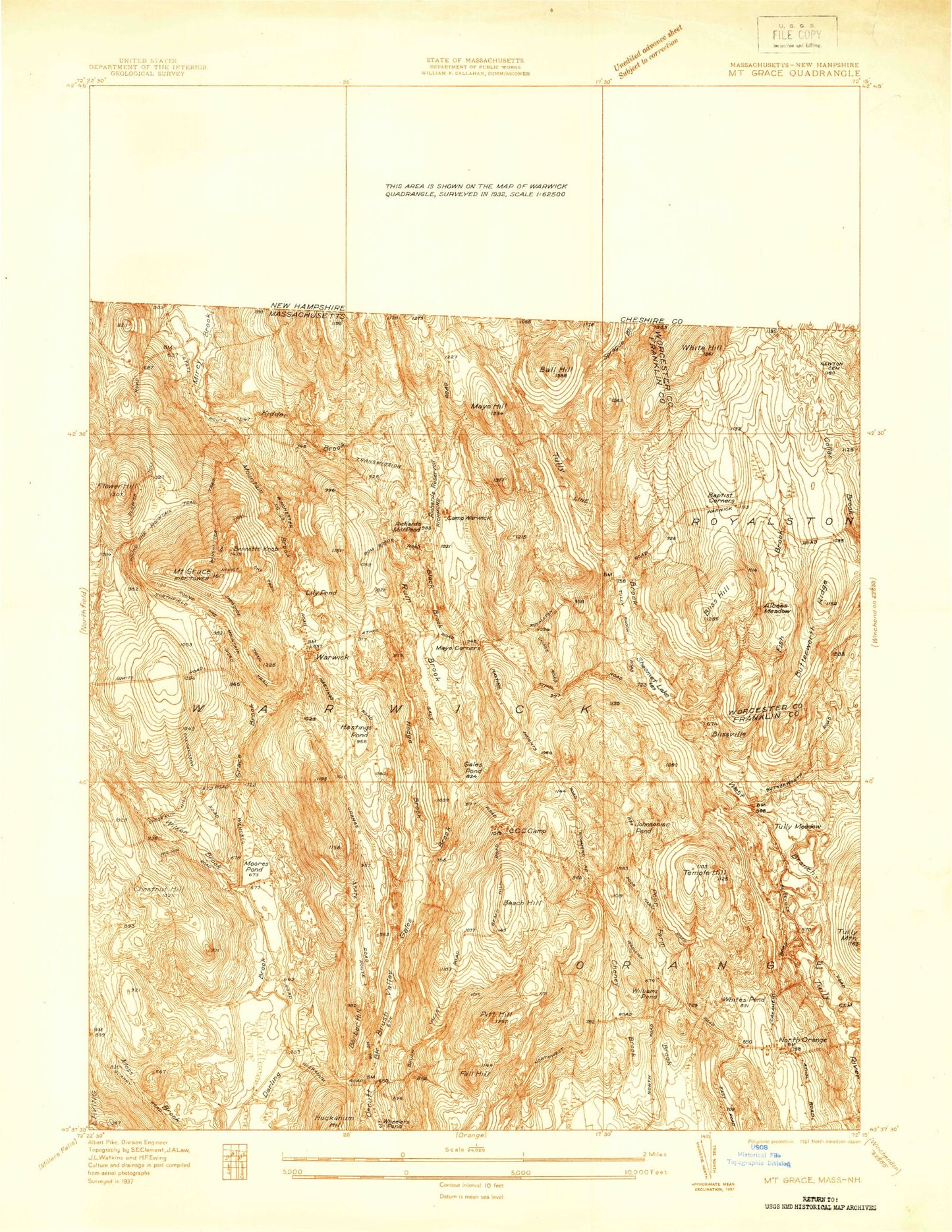 Classic USGS Mount Grace Massachusetts 7.5'x7.5' Topo Map Image