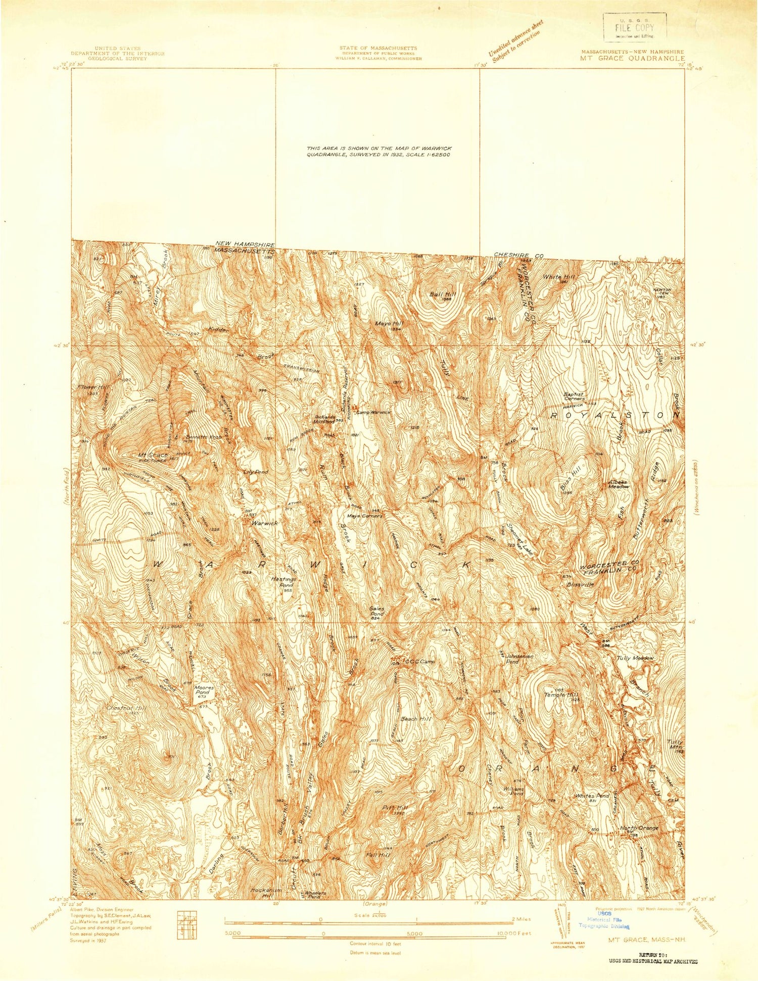 Classic USGS Mount Grace Massachusetts 7.5'x7.5' Topo Map Image