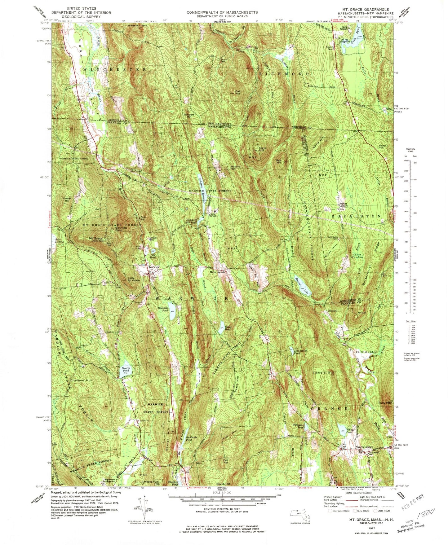 Classic USGS Mount Grace Massachusetts 7.5'x7.5' Topo Map Image