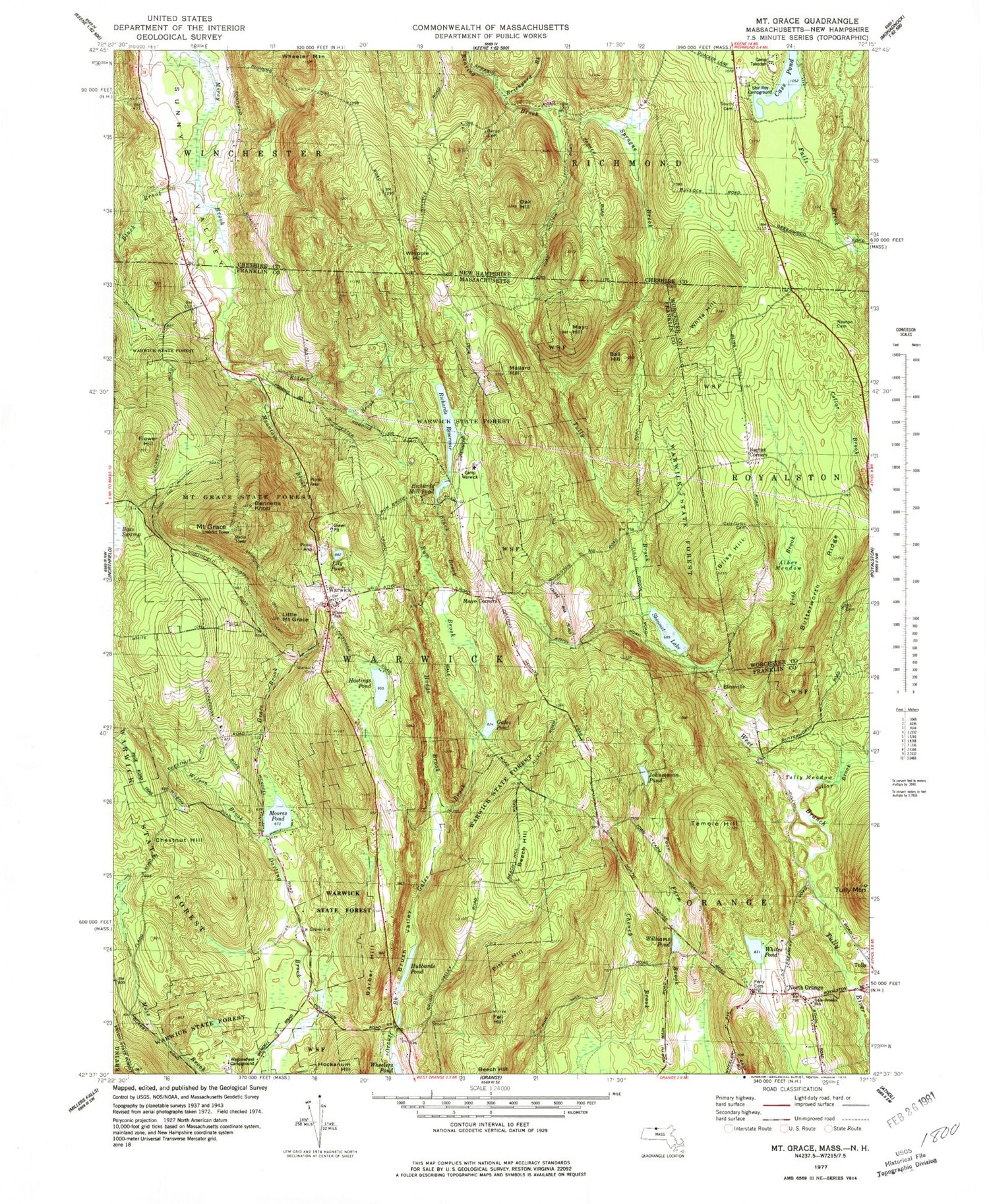 Classic USGS Mount Grace Massachusetts 7.5'x7.5' Topo Map Image