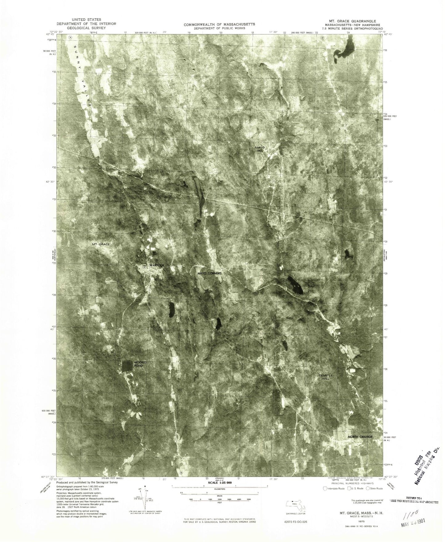 Classic USGS Mount Grace Massachusetts 7.5'x7.5' Topo Map Image